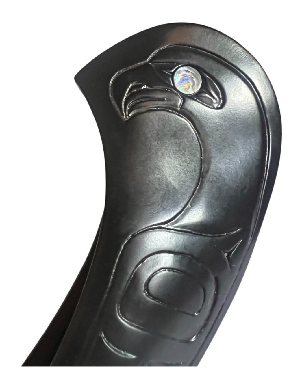 First Nations Pearlite Canoe Sculpture Black Engraved Sun Fish & Raven MOP eyes
